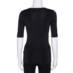 مملوكة مسبقًا Gucci Black Jersey Leather Strap Detail V-Neck Top L