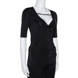 مملوكة مسبقًا Gucci Black Jersey Leather Strap Detail V-Neck Top L