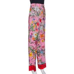 Pre Owned Gucci Pink Snake Flora Print Silk Straight Leg Trousers L