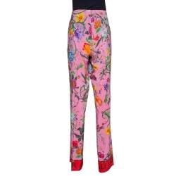 Pre Owned Gucci Pink Snake Flora Print Silk Straight Leg Trousers L