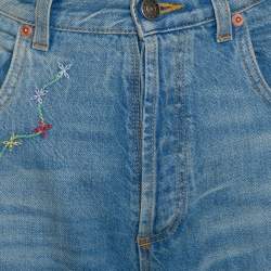 Pre Owned Gucci Blue Heavy Washed Denim Embroidered Tapered Jeans L