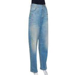 Pre Owned Gucci Blue Heavy Washed Denim Embroidered Tapered Jeans L