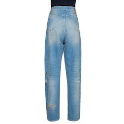 Pre Owned Gucci Blue Heavy Washed Denim Embroidered Tapered Jeans L