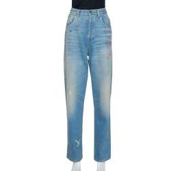 Pre Owned Gucci Blue Heavy Washed Denim Embroidered Tapered Jeans L