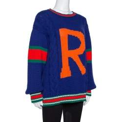 Gucci Blue Wool Cable Knit Letter 'R' DIY Unisex Sweater M