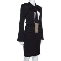 Pre Owned فستان غوتشي طول أكمام تفاصيل رابطة سلسلة جيرسيه أسود L