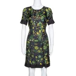Gucci Black Floral Print Silk Bamboo Chain Detail Mini Dress M