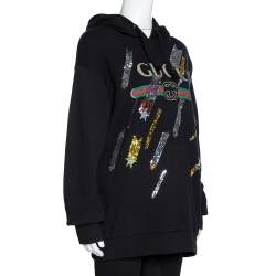 Pre Owned Gucci Black Logo Print Cotton Star Sequin Embellished Sweatshirt M