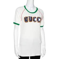 مملوكة مسبقًا Gucci Cream Knit Sequin Logo Applique Fitted T Shirt XL