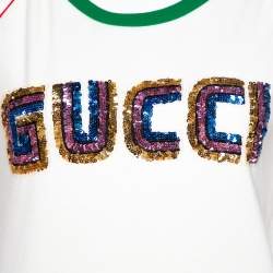 مملوكة مسبقًا Gucci Cream Knit Sequin Logo Applique Fitted T Shirt XL