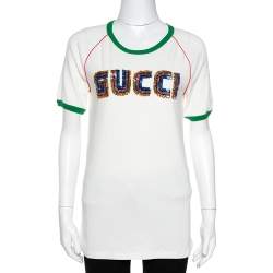 مملوكة مسبقًا Gucci Cream Knit Sequin Logo Applique Fitted T Shirt XL