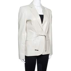 Pre Owned Gucci Pale Beige Leather Tie Front Blazer M