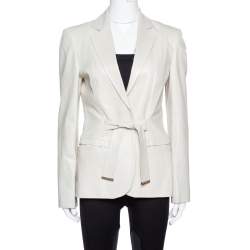 Pre Owned Gucci Pale Beige Leather Tie Front Blazer M