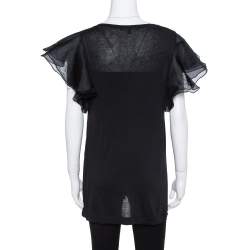 Pre Owned Gucci Black Jersey and Silk Ruffled Sleeve Top M