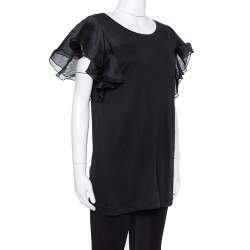 Pre Owned Gucci Black Jersey and Silk Ruffled Sleeve Top M