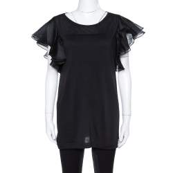 Pre Owned Gucci Black Jersey and Silk Ruffled Sleeve Top M