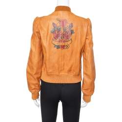 Pre Owned Gucci Tan Leather Floral Printed Cropped Bomber Jacket M