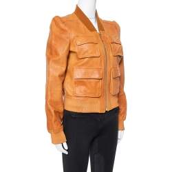 Pre Owned Gucci Tan Leather Floral Printed Cropped Bomber Jacket M