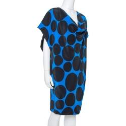 Pre Owned Gucci Black & Blue Dot Print Silk Draped Mini Dress M