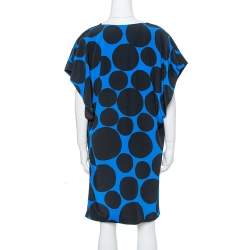 Pre Owned Gucci Black & Blue Dot Print Silk Draped Mini Dress M