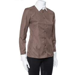 Pre Owned Gucci Brown Cotton Contrast Collar Long Sleeve Shirt S
