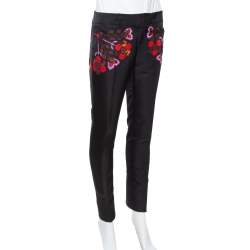 Pre Owned Gucci Black Cotton & Silk Floral Appliqued Pants S