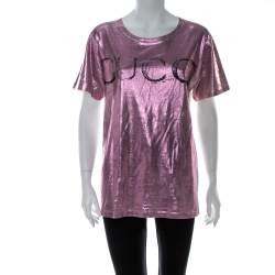 Pre Owned Gucci Metallic Pink Cotton Blind For Love Applique T-Shirt XS