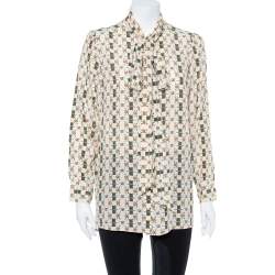 مملوكة مسبقًا Gucci Cream Silk Crepe Web Kisses Print Tie Collar Detail Shirt XL