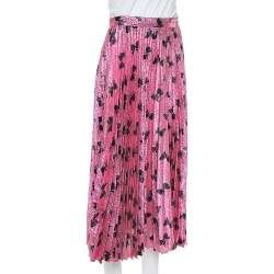 Pre Owned Gucci Pink Lurex Silk Bow Intarsia Pleated Midi Skirt L