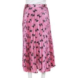 Pre Owned Gucci Pink Lurex Silk Bow Intarsia Pleated Midi Skirt L
