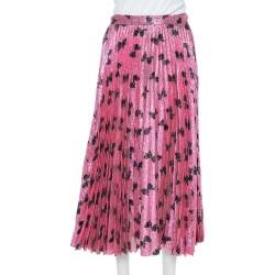 Pre Owned Gucci Pink Lurex Silk Bow Intarsia Pleated Midi Skirt L