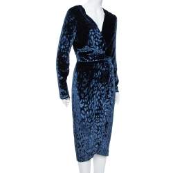 Pre Owned Gucci Navy Blue Velvet Leopard Pattern Faux Wrap Dress M