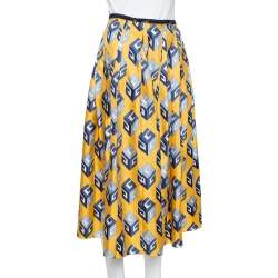 Pre Owned Gucci Yellow Cube Printed Silk Pleated Midi Skirt S