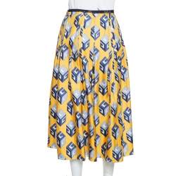Pre Owned Gucci Yellow Cube Printed Silk Pleated Midi Skirt S