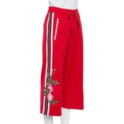 Pre Owned Gucci Red Knit Side Stripe & Floral Applique Detail Culottes XS