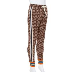 Pre Owned Gucci Brown Logo Intarsia Knit Side Stripe & Applique Detail Mid-Rise Trousers XS