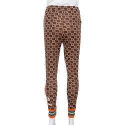 Pre Owned Gucci Brown Logo Intarsia Knit Side Stripe & Applique Detail Mid-Rise Trousers XS