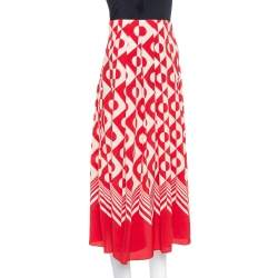 Pre Owned Gucci Red & Cream Geometric Printed Silk Midi Skirt S