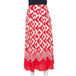 Pre Owned Gucci Red & Cream Geometric Printed Silk Midi Skirt S