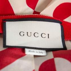 Pre Owned Gucci Red & Cream Geometric Printed Silk Midi Skirt S