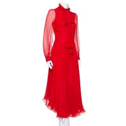Pre Owned Gucci Red Silk Chiffon Collar Tie Belt Detail Flared Midi Dress S