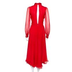 Pre Owned Gucci Red Silk Chiffon Collar Tie Belt Detail Flared Midi Dress S