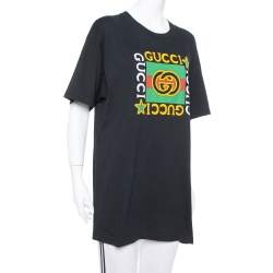 مملوكة مسبقًا تي شيرت غوتشي قطن أسود بالشعار رقبة مستديرة مقاس متوسط - ميديوم