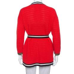 Gucci Red Knit Contrast Trim Detail Open Front Belted Cardigan S