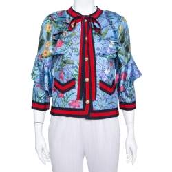 Pre Owned Gucci Blue Neck Tie Detail Flora Silk Jacket M