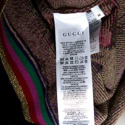 Pre Owned Gucci Beige Floral Jacquard Lurex Knit Logo Monogram Short Sleeve Sweater M
