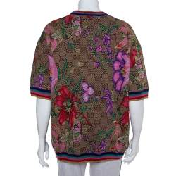 Pre Owned Gucci Beige Floral Jacquard Lurex Knit Logo Monogram Short Sleeve Sweater M