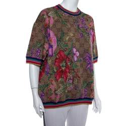 Pre Owned Gucci Beige Floral Jacquard Lurex Knit Logo Monogram Short Sleeve Sweater M