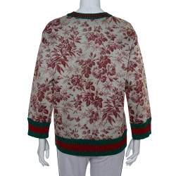 Pre Owned Gucci Beige Knit Vintage Floral Print Lurex Web Stripe Detail Sweatshirt L