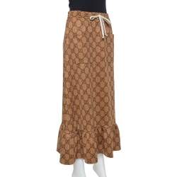 Pre Owned Gucci Beige Knit Logo Monogram Detail Ruffled Midi Skirt XS